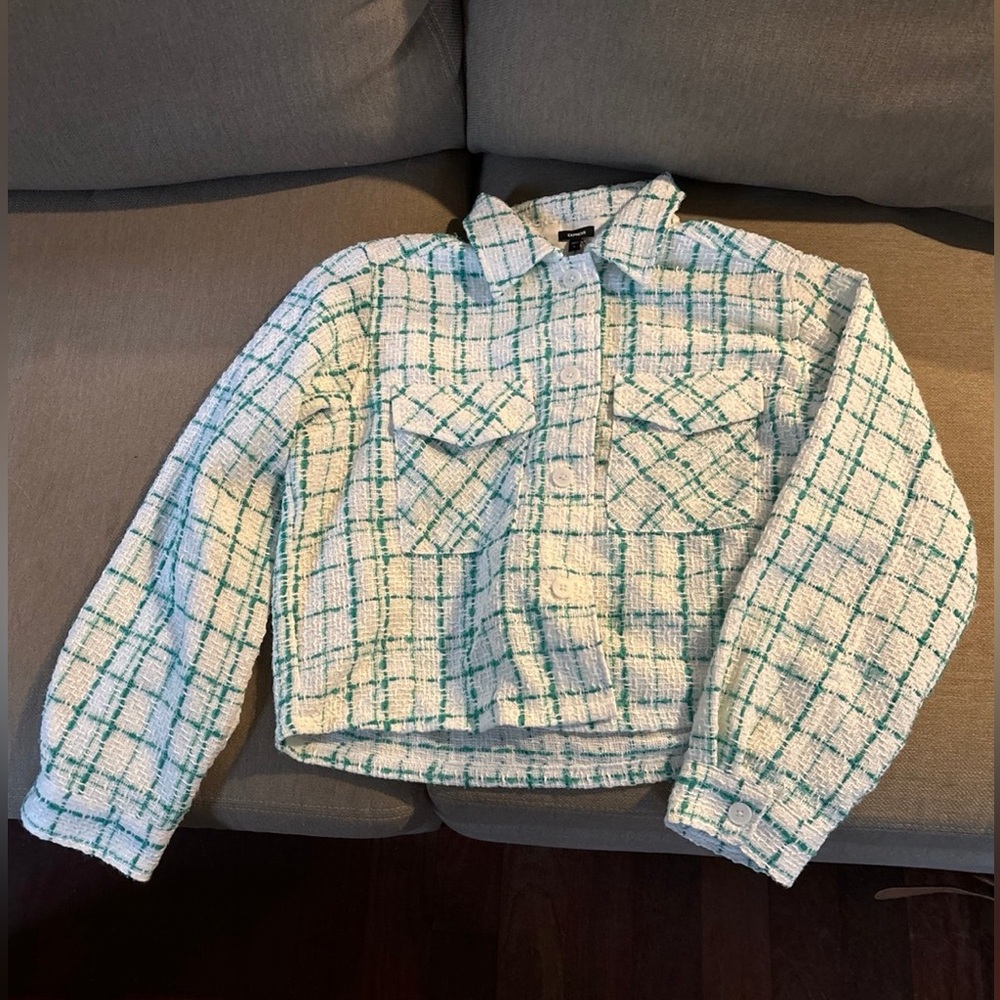 Express—Small—Sequin Tweed Novelty Button Cropped Bomber Jacket